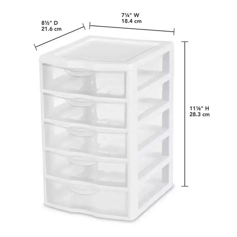 Sterilite Clearview Small Clear Plastic Stackable 5 Drawer Storage System for Desktop and Drawer Household Organization for Stationary or Pens