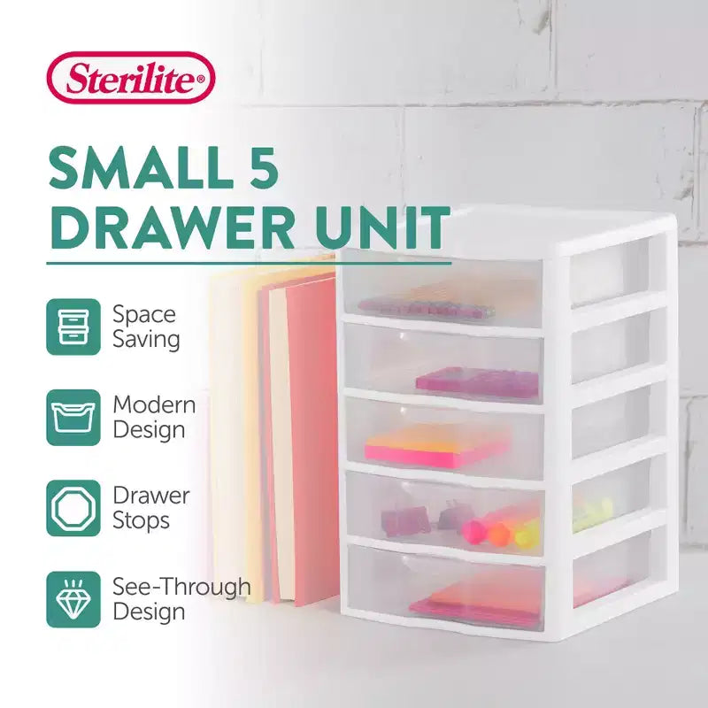Sterilite Clearview Small Clear Plastic Stackable 5 Drawer Storage System for Desktop and Drawer Household Organization for Stationary or Pens