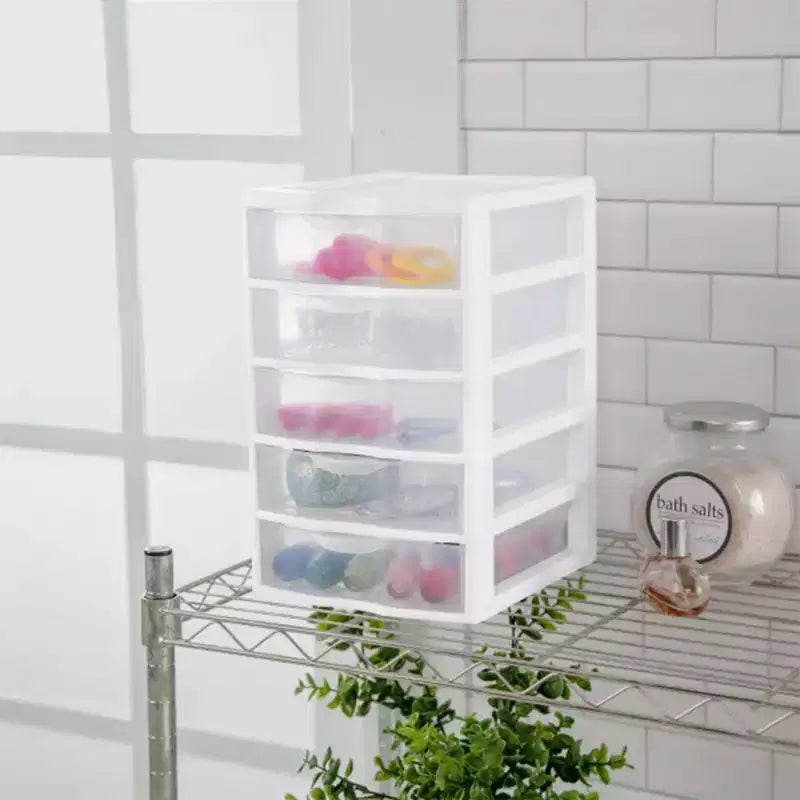 Sterilite Clearview Small Clear Plastic Stackable 5 Drawer Storage System for Desktop and Drawer Household Organization for Stationary or Pens