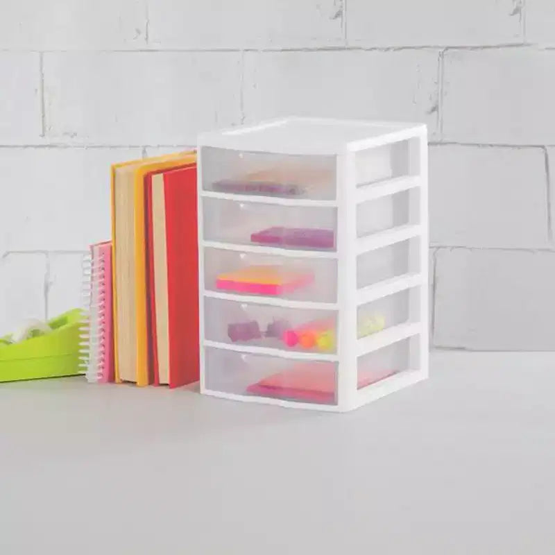 Sterilite Clearview Small Clear Plastic Stackable 5 Drawer Storage System for Desktop and Drawer Household Organization for Stationary or Pens