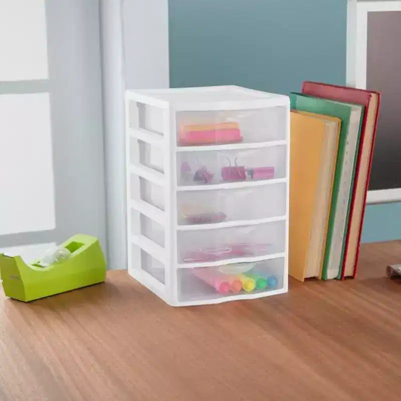 Sterilite Clearview Small Clear Plastic Stackable 5 Drawer Storage System for Desktop and Drawer Household Organization for Stationary or Pens
