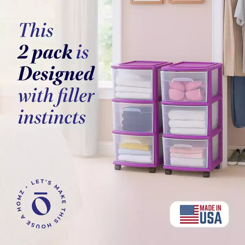 Homz Plastic 3 Drawer Medium Storage Container Tower, Purple Frame (2 Pack)