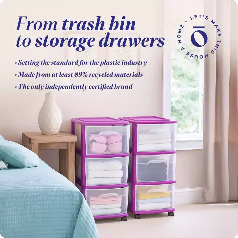 Homz Plastic 3 Drawer Medium Storage Container Tower, Purple Frame (2 Pack)