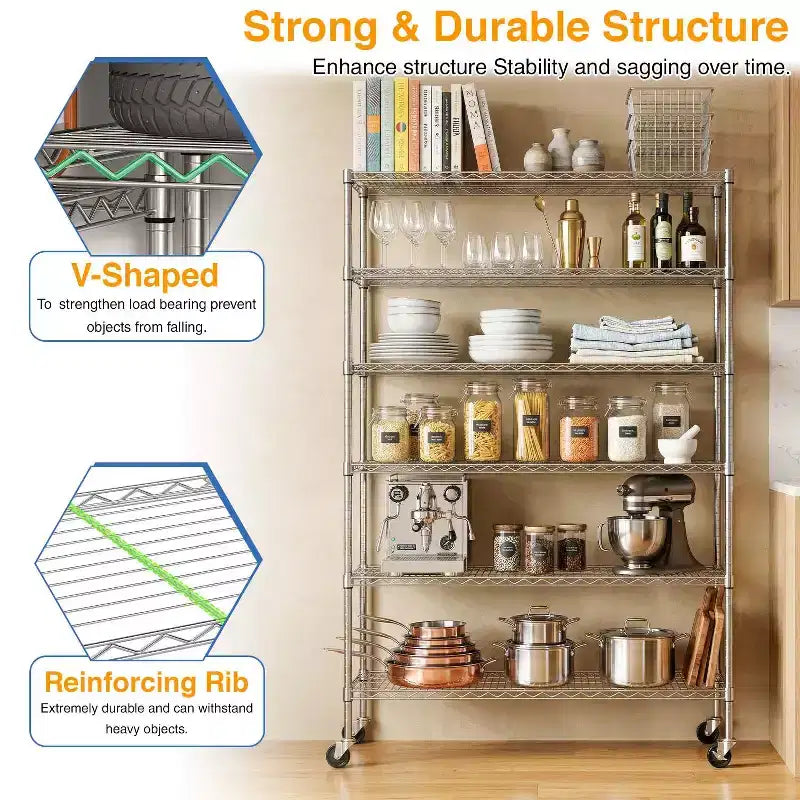 FDW 6 Tier Commercial Wire Shelving Unit Metal Shelf Wire Rack with Wheels