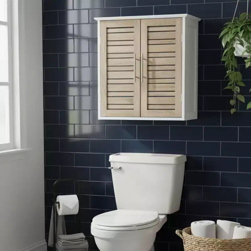 Evideco French Home Goods Wall Mounted Bathroom Medicine Cabinet  Two Louvered Doors  20.5 x 21.7 x 8.7 in  MDF with Sturdy Interior Shelf