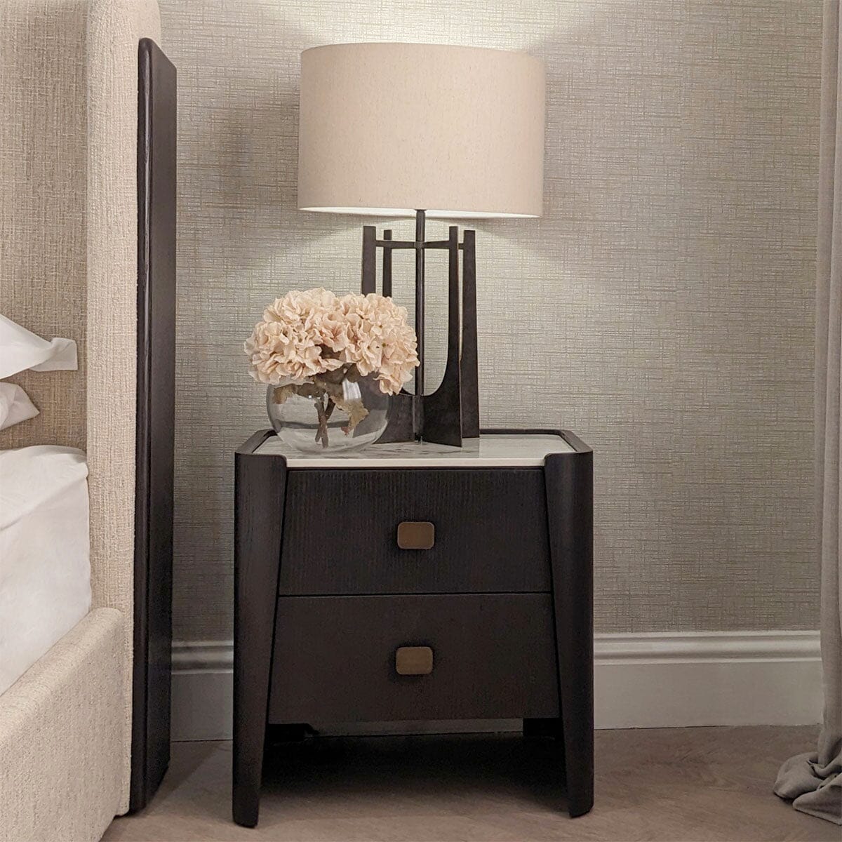 Adalynn Deep Brown Wooden 2 Drawer Bedside Table with Faux Marble Top