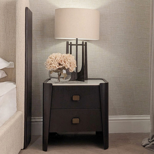 Adalynn Deep Brown Wooden 2 Drawer Bedside Table with Faux Marble Top