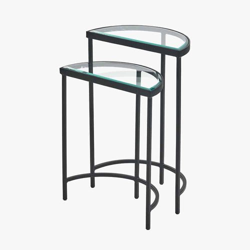 Alexis Bevelled Glass & Black Half Moon Side Tables - Set of 2