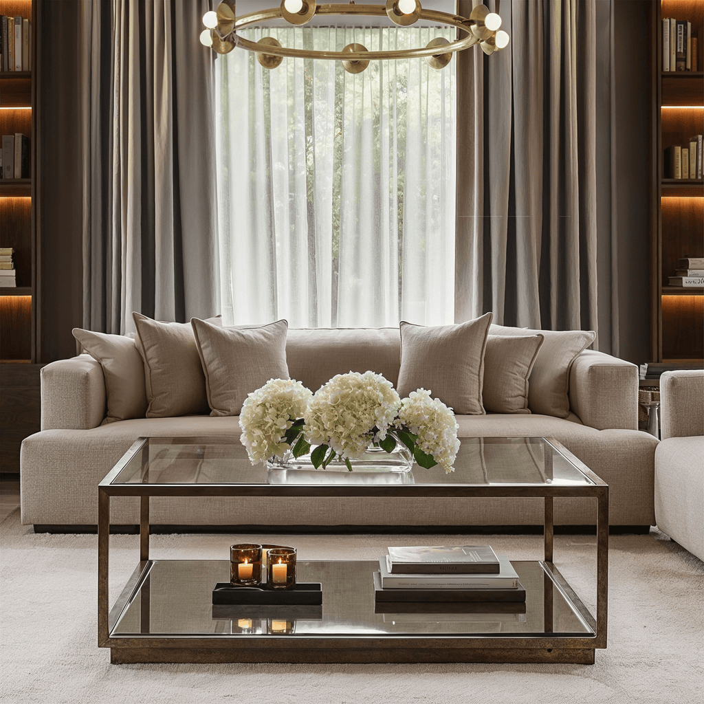 Alpha Bronze & Glass Coffee Table with Mirrored Shelf