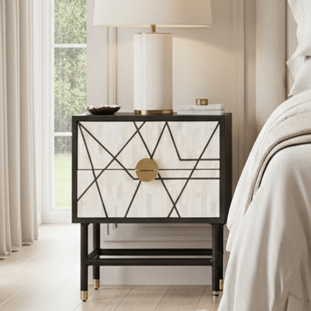 Amera Abstract Monochrome Bone Inlay 2 Drawer Bedside Table