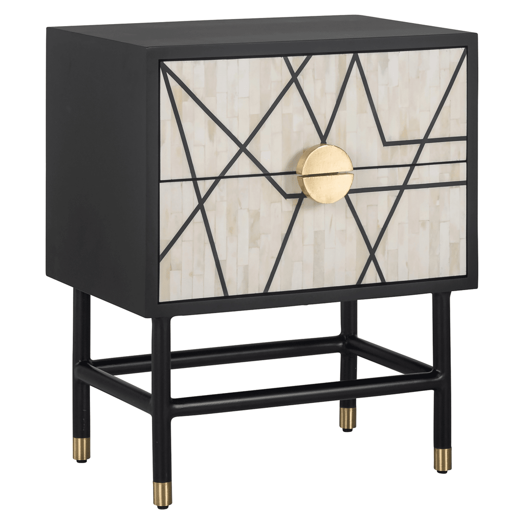 Amera Abstract Monochrome Bone Inlay 2 Drawer Bedside Table
