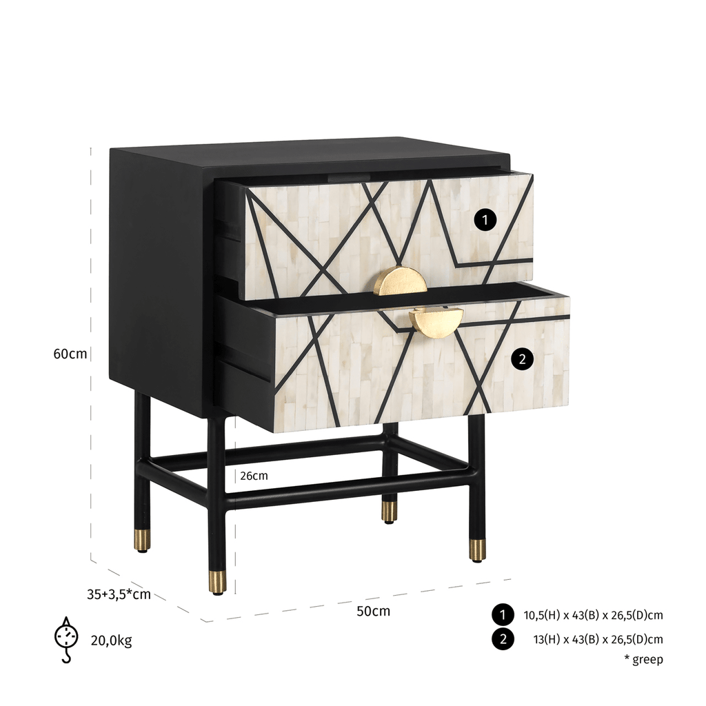 Amera Abstract Monochrome Bone Inlay 2 Drawer Bedside Table