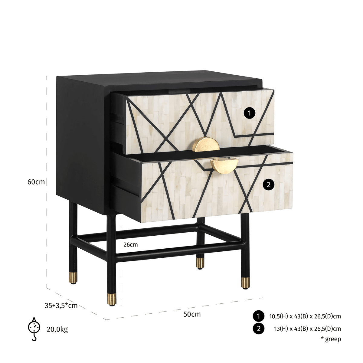 Amera Abstract Monochrome Bone Inlay 2 Drawer Bedside Table