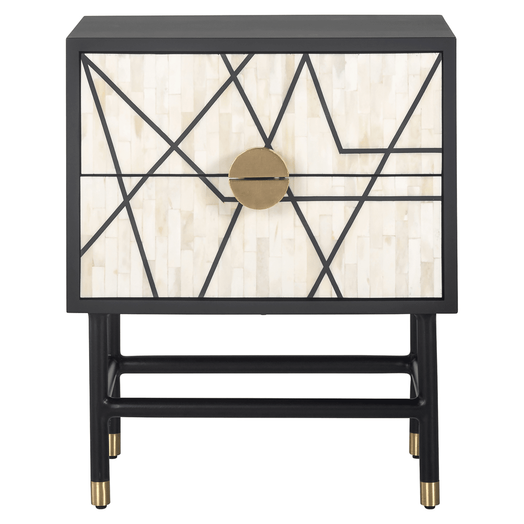 Amera Abstract Monochrome Bone Inlay 2 Drawer Bedside Table