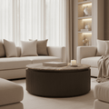 Aya Brown Ribbed Round Coffee Table with Travertine Top