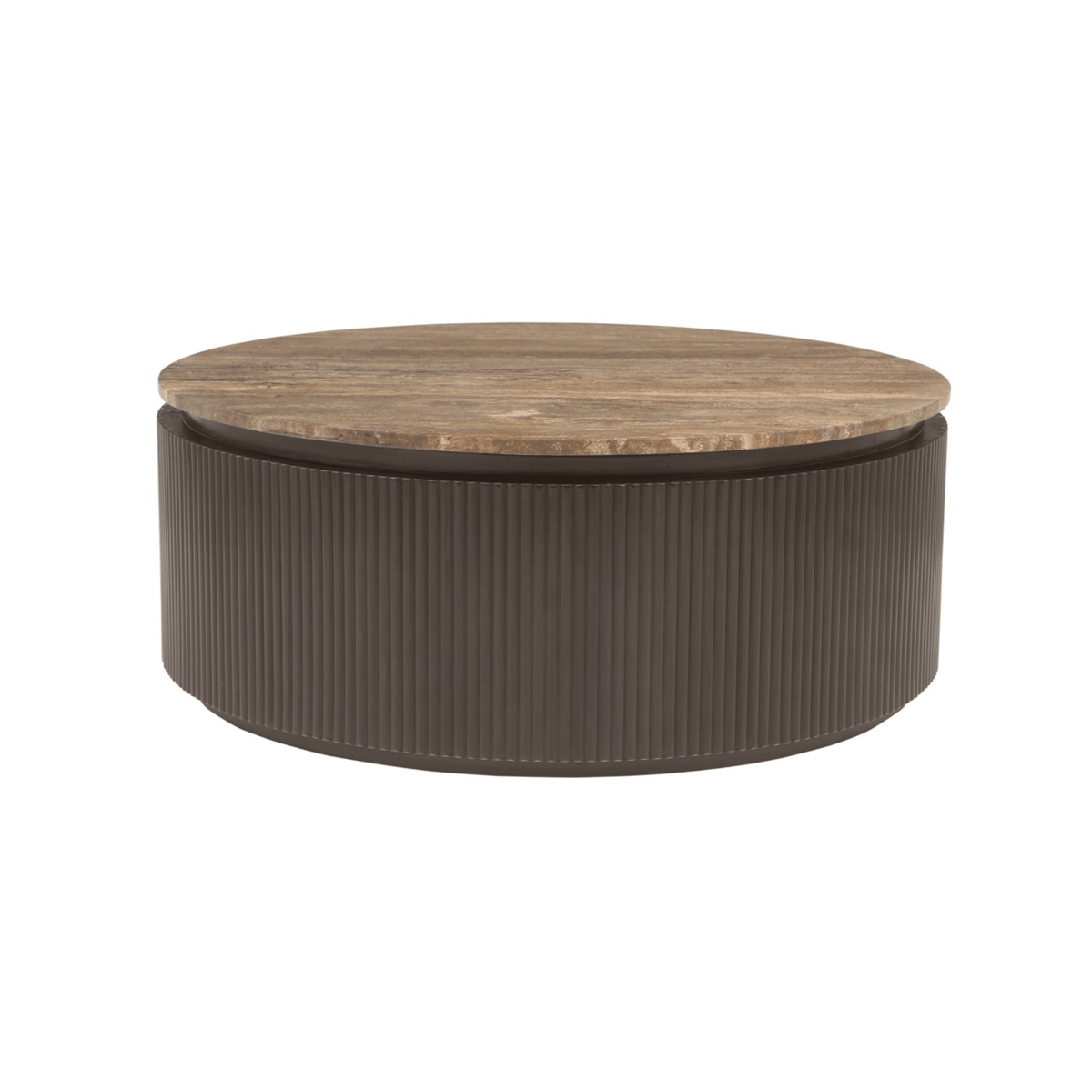 Aya Brown Ribbed Round Coffee Table with Travertine Top