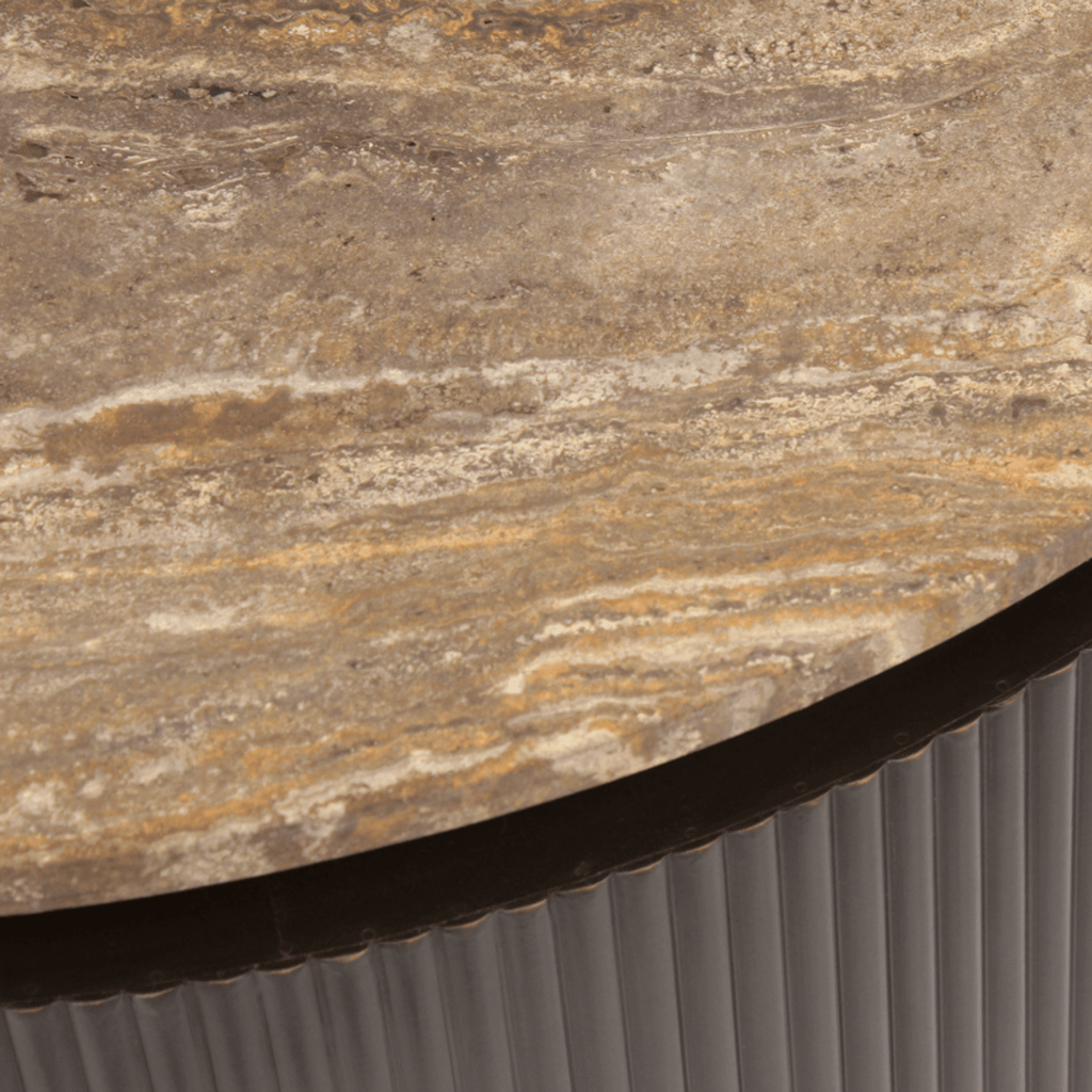 Aya Brown Ribbed Round Coffee Table with Travertine Top