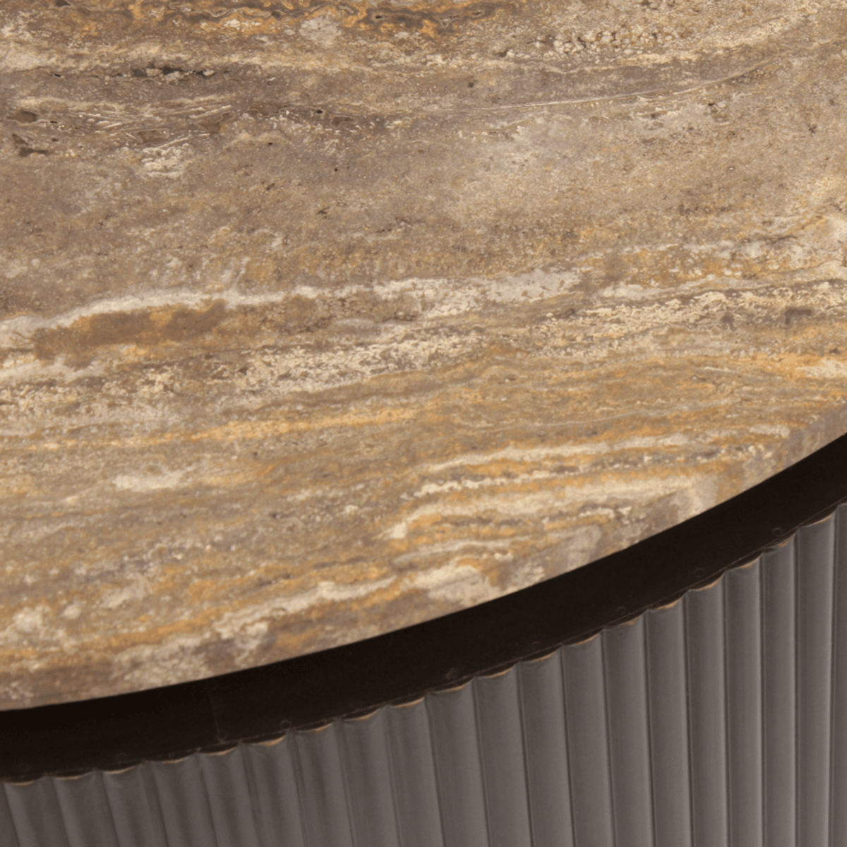 Aya Brown Ribbed Round Coffee Table with Travertine Top