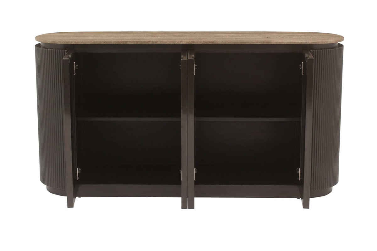 Aya Brown Ribbed Sideboard with Travertine Top
