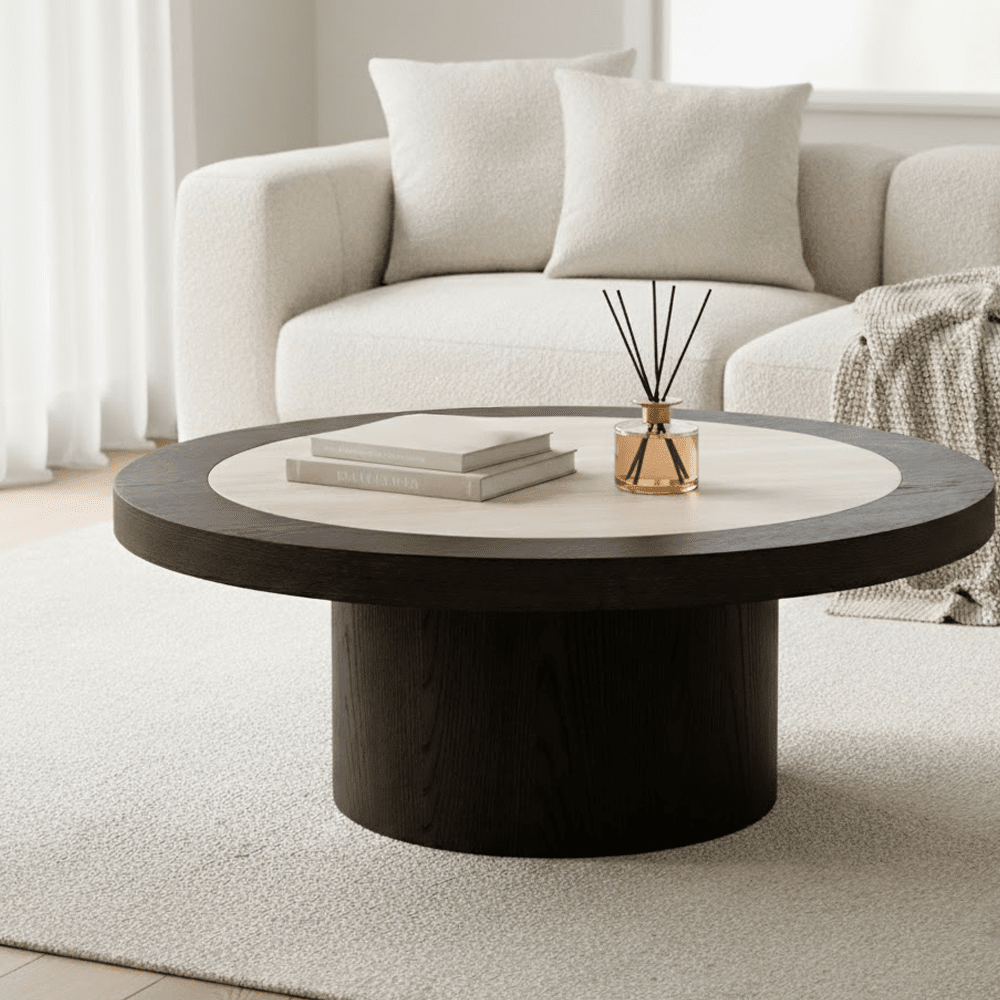 Balerno Deep Brown Wooden Coffee Table with Travertine Top