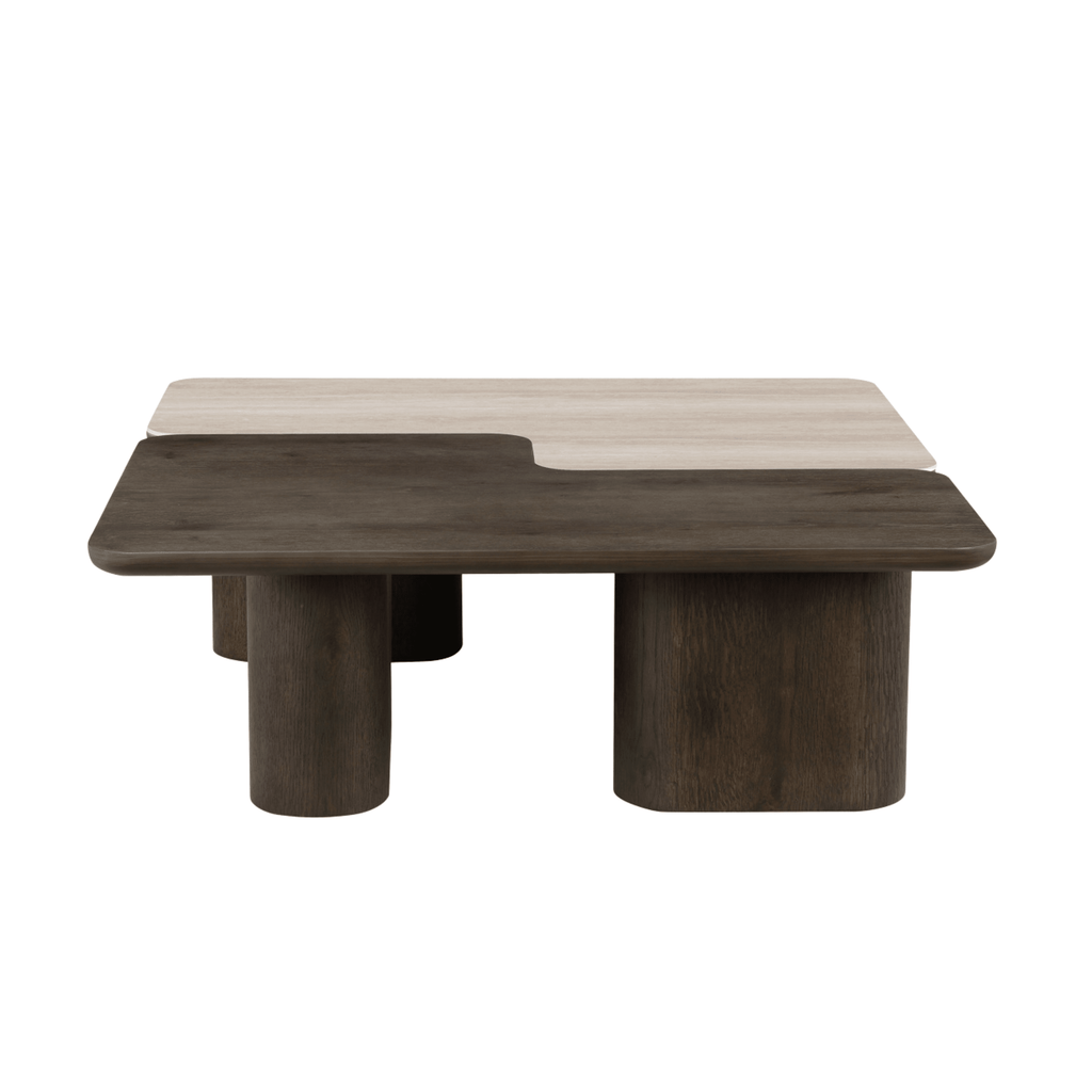 Balerno Deep Brown Wooden & Travertine Contrast Coffee Tables - Set of 2