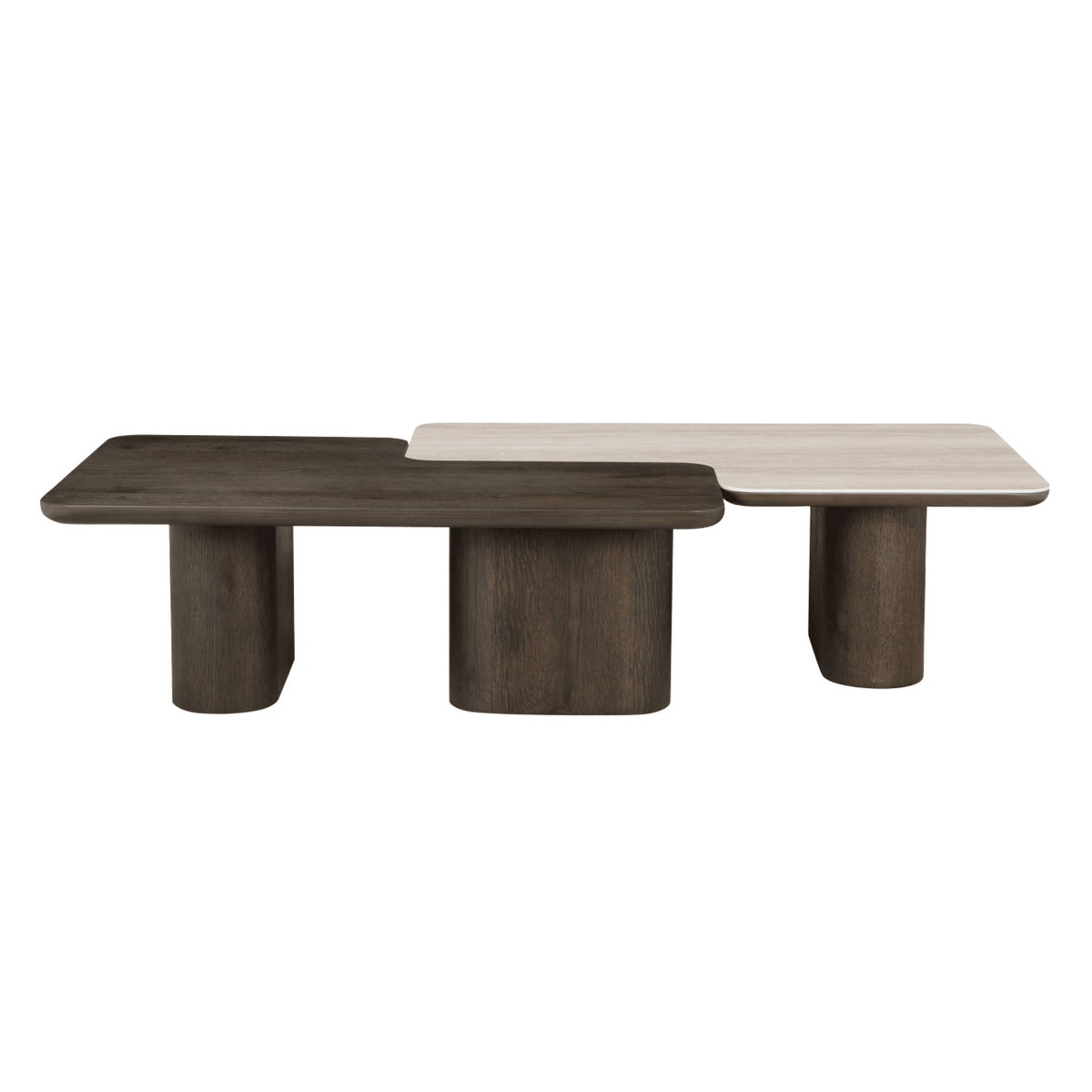 Balerno Deep Brown Wooden & Travertine Contrast Coffee Tables - Set of 2
