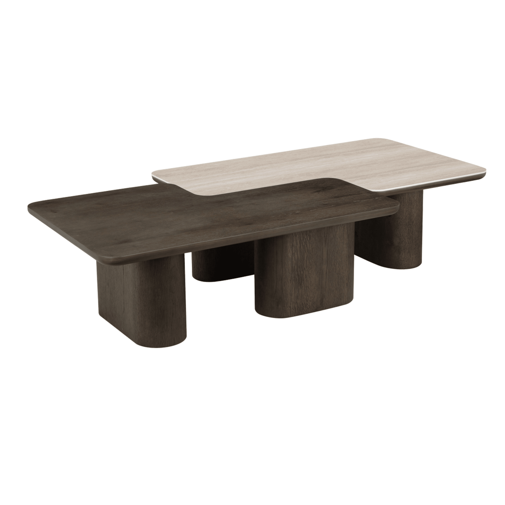 Balerno Deep Brown Wooden & Travertine Contrast Coffee Tables - Set of 2