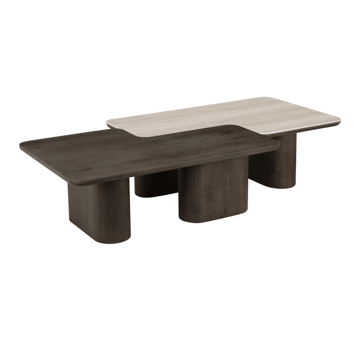 Balerno Deep Brown Wooden & Travertine Contrast Coffee Tables - Set of 2