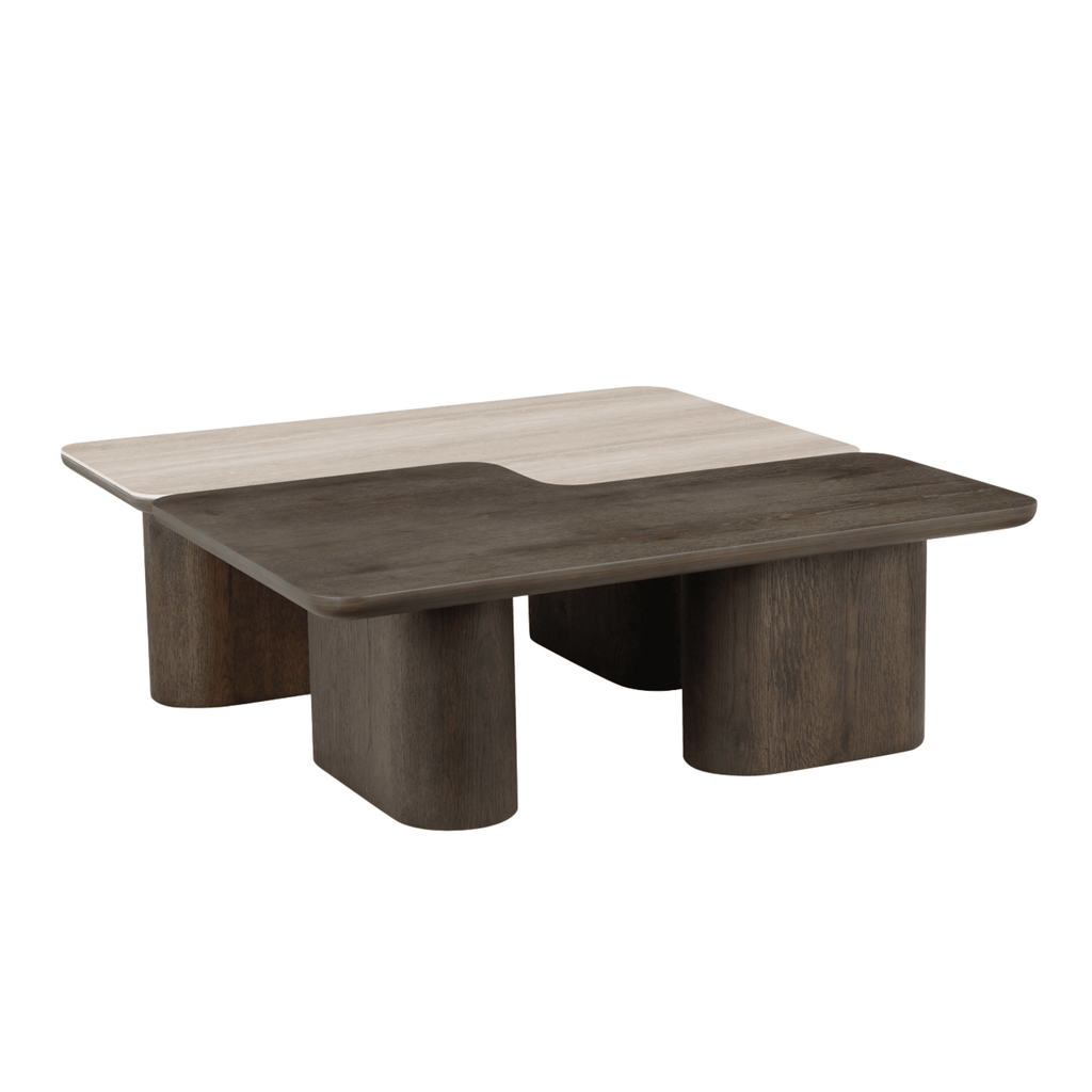 Balerno Deep Brown Wooden & Travertine Contrast Coffee Tables - Set of 2