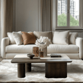 Balerno Deep Brown Wooden & Travertine Contrast Coffee Tables - Set of 2