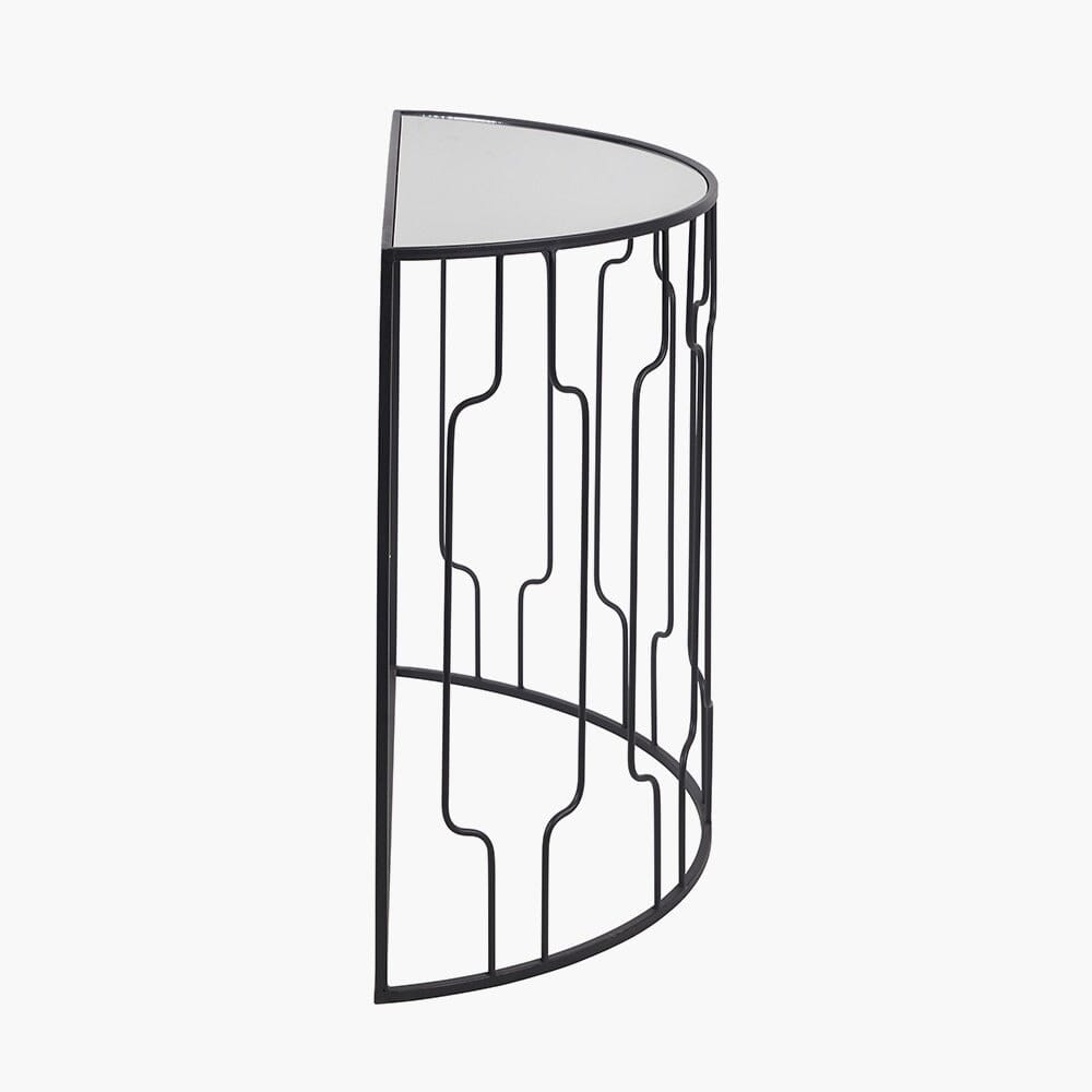 Lorenza Black Metal Half Moon Console Table with Mirrored Top