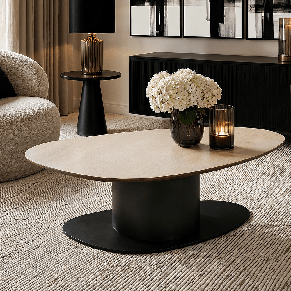 Bordeaux Black Oval Coffee Table with Travertine Top