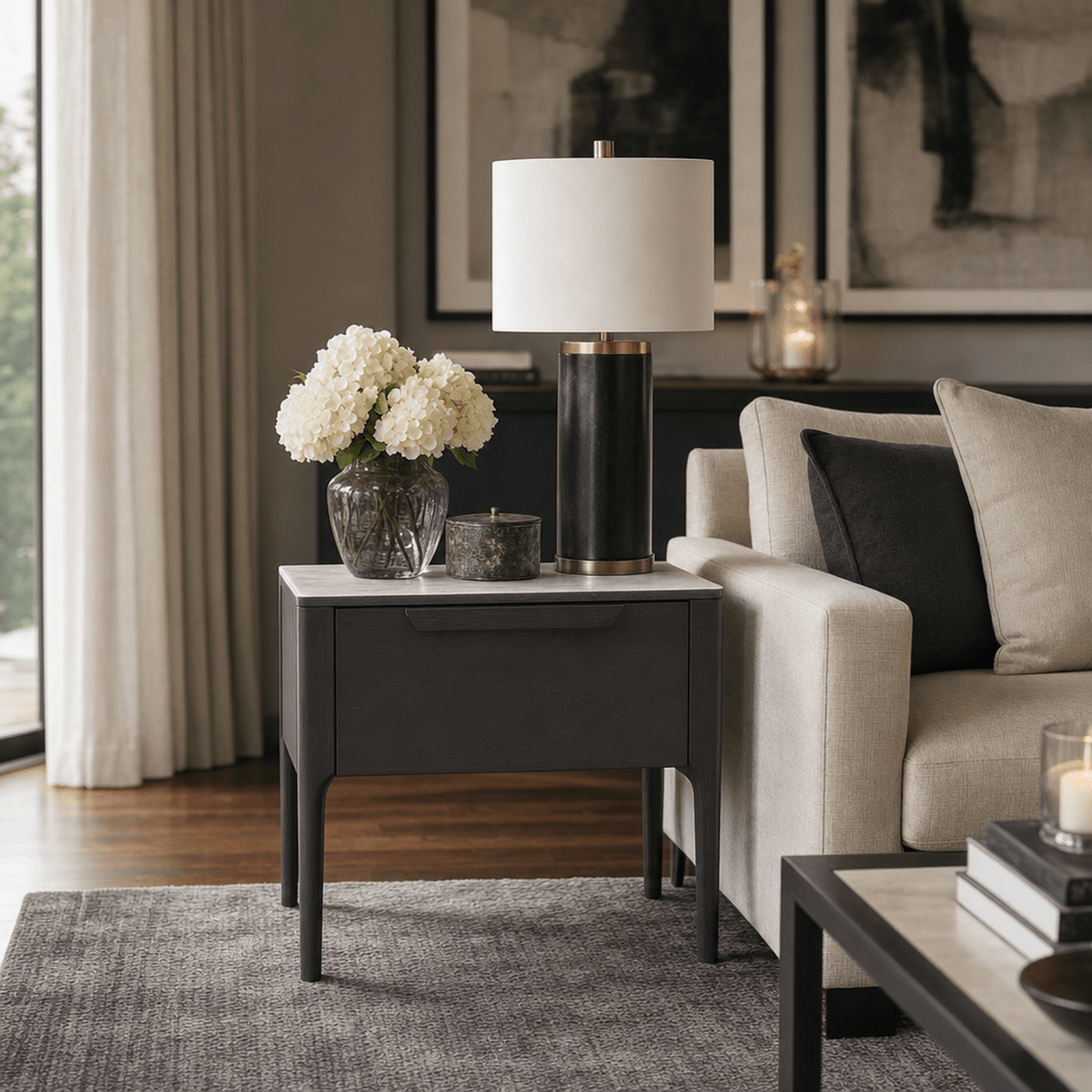 Cairo Luxury Dark Grey Oak Veneer 1 Drawer Bedside Table with Faux Marble Top