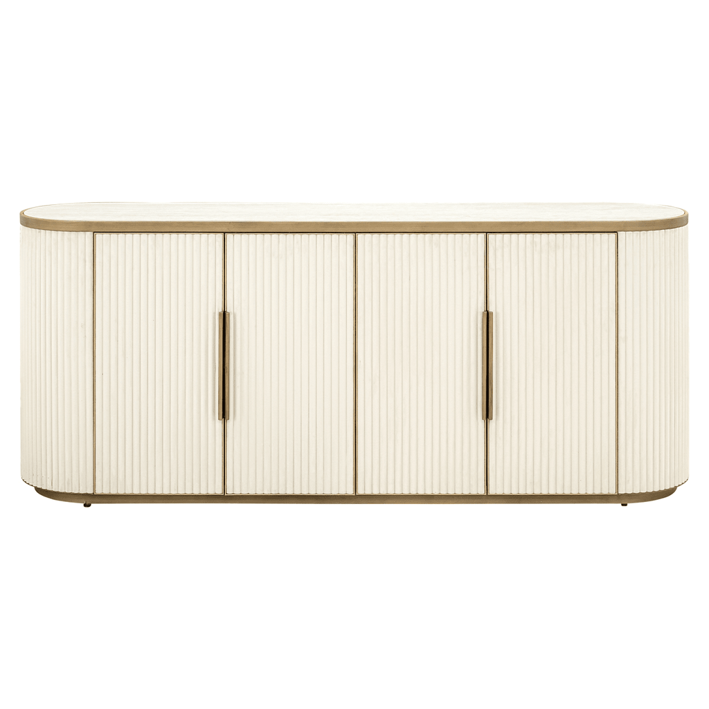 Camille Luxury Cream & Gold Ribbed Oval 4 Door Sideboard with Ceramic Marble Top