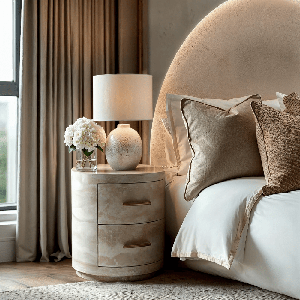 Celeste Round Neutral Marble Effect 2 Drawer Bedside Table