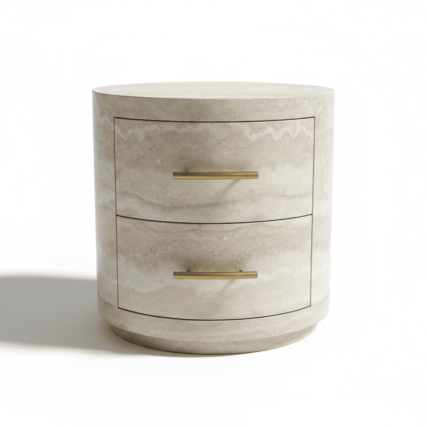 Celeste Round Neutral Marble Effect 2 Drawer Bedside Table