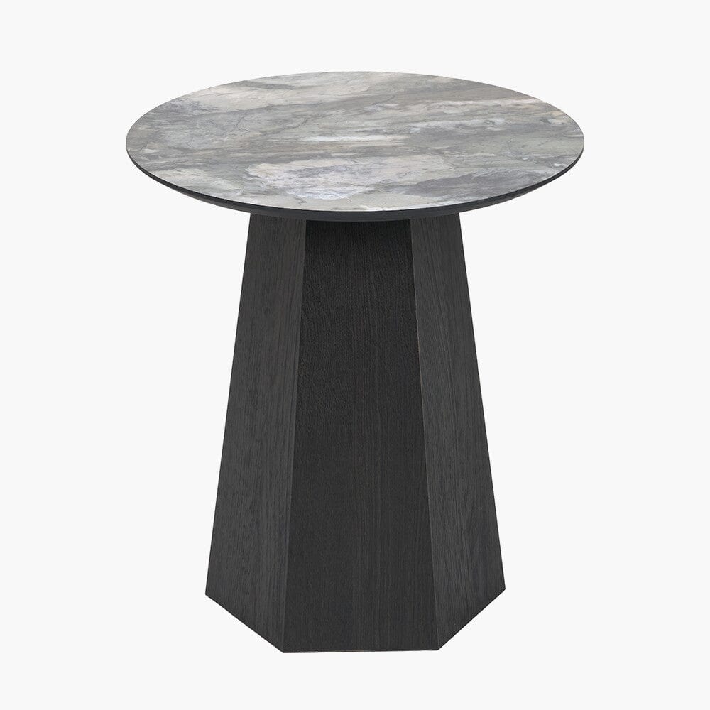 Collins Dark Brown Wooden Side Table with Marble Effect Top