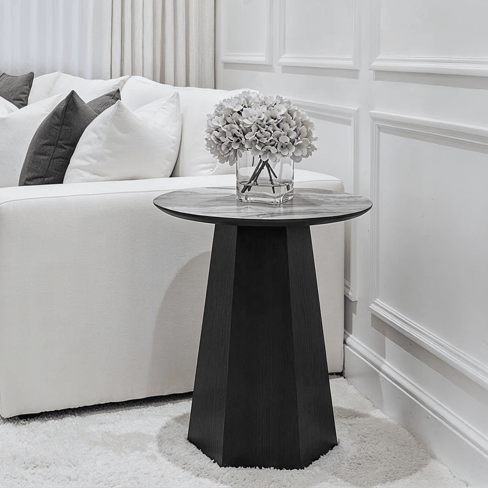 Collins Dark Brown Wooden Side Table with Marble Effect Top