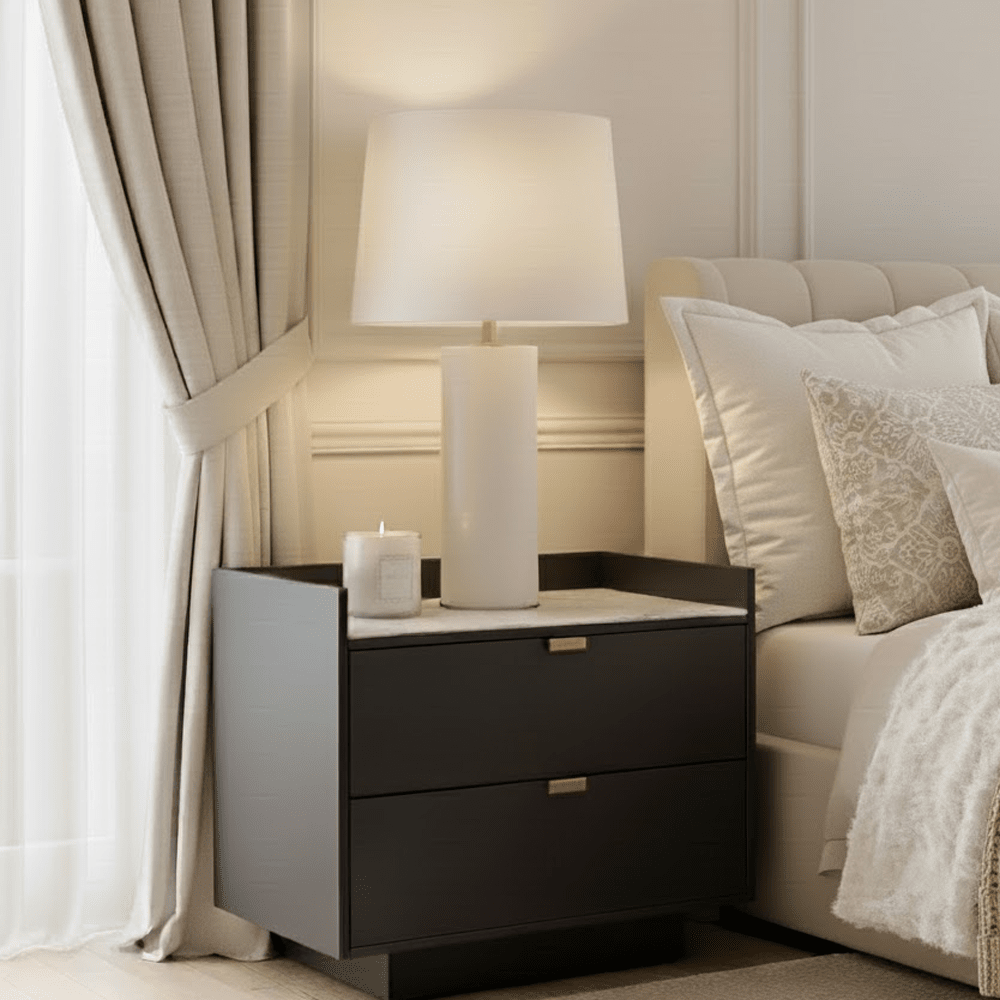 Cyra Dark Grey Luxury Oak 2 Door Bedside Table with Marble Top