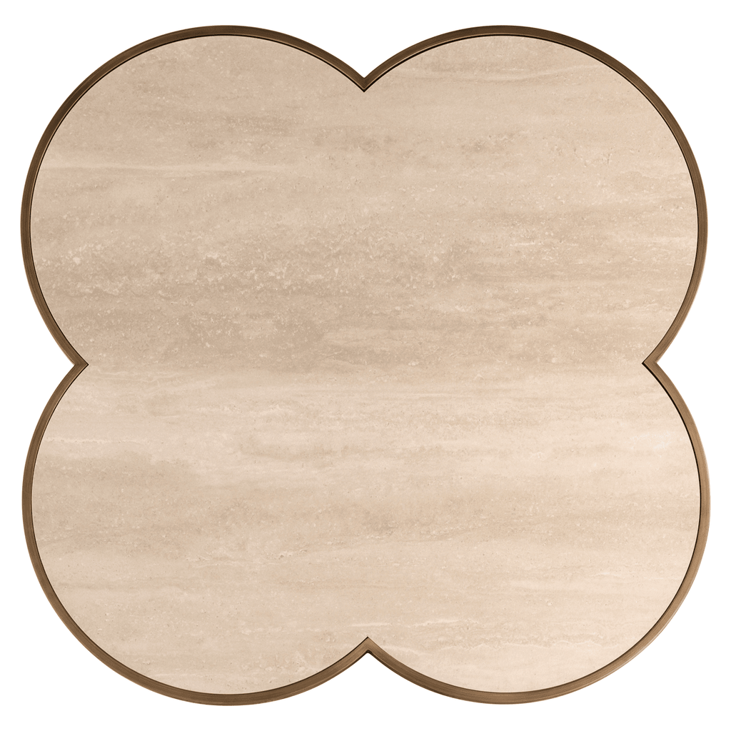 Delia Large Brushed Brass Clover Coffee Table with Travertine Top