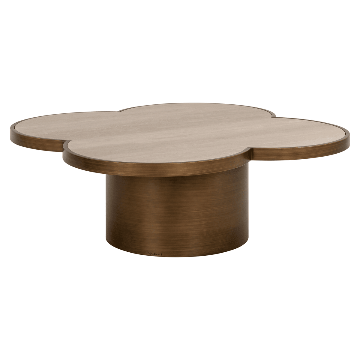 Delia Large Brushed Brass Clover Coffee Table with Travertine Top