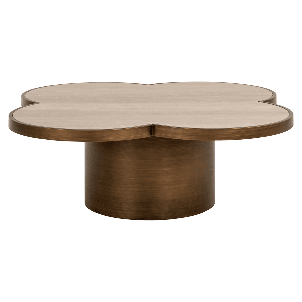 Delia Large Brushed Brass Clover Coffee Table with Travertine Top