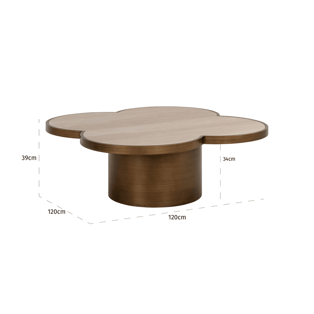 Delia Large Brushed Brass Clover Coffee Table with Travertine Top