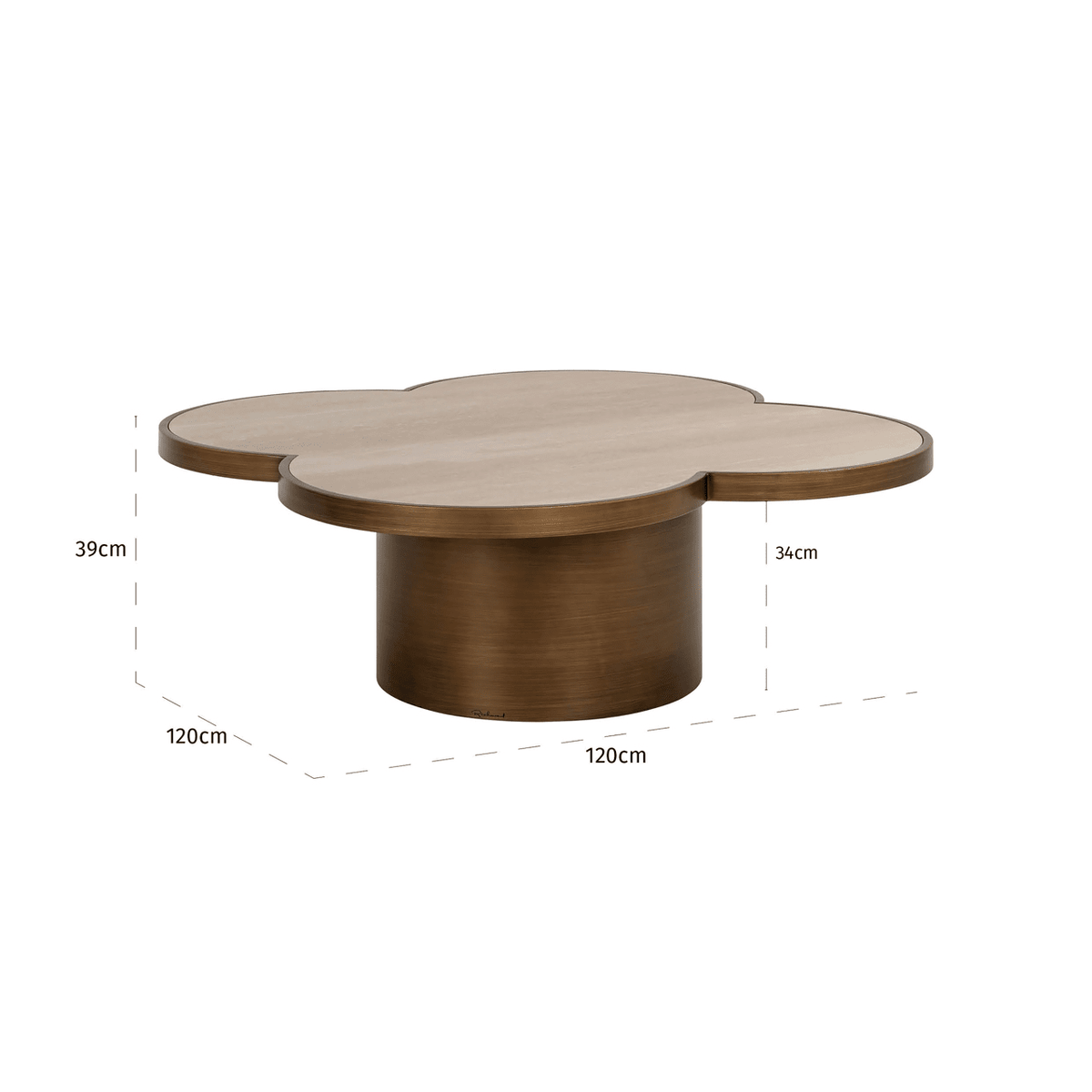 Delia Large Brushed Brass Clover Coffee Table with Travertine Top