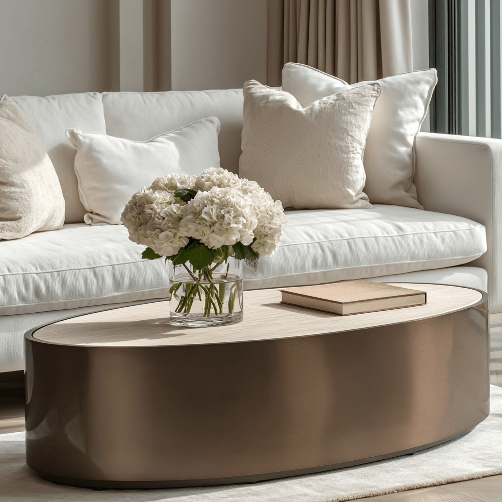 Eleanor Bronze Oval Coffee Table with Beige Faux Marble Top