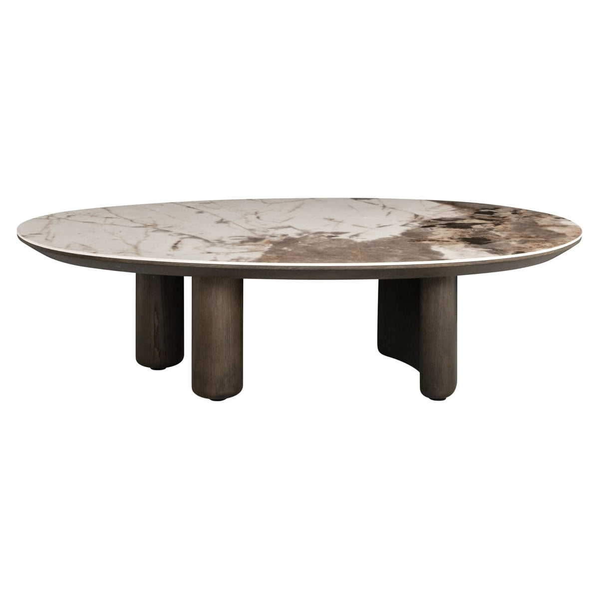 Estrille Brown Oak Veneer Oval Coffee Table with Faux Marble Top
