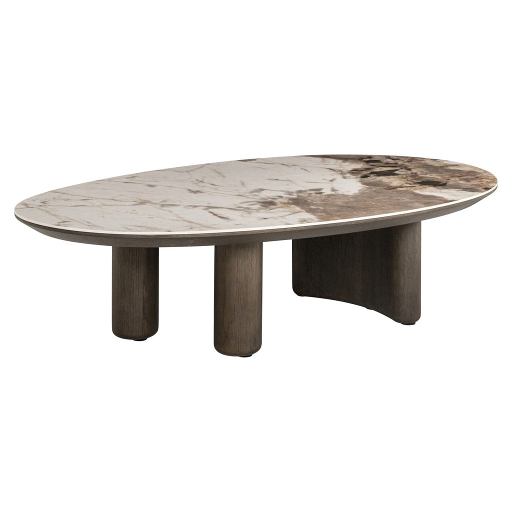 Estrille Brown Oak Veneer Oval Coffee Table with Faux Marble Top