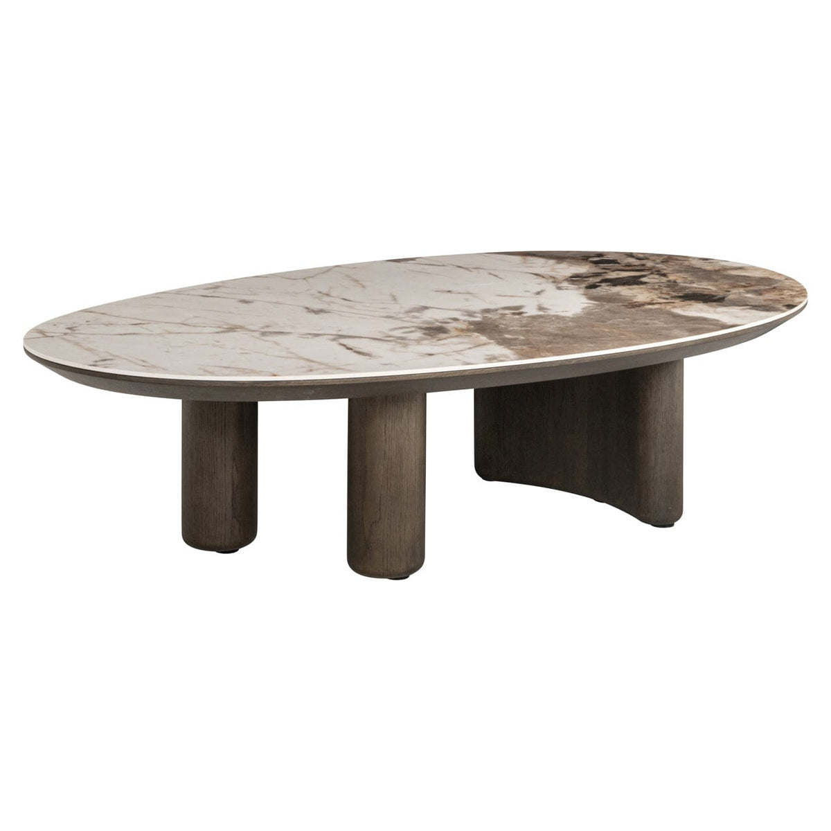 Estrille Brown Oak Veneer Oval Coffee Table with Faux Marble Top