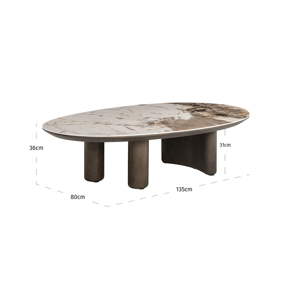 Estrille Brown Oak Veneer Oval Coffee Table with Faux Marble Top