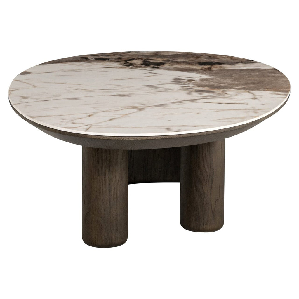 Estrille Brown Oak Veneer Oval Coffee Table with Faux Marble Top